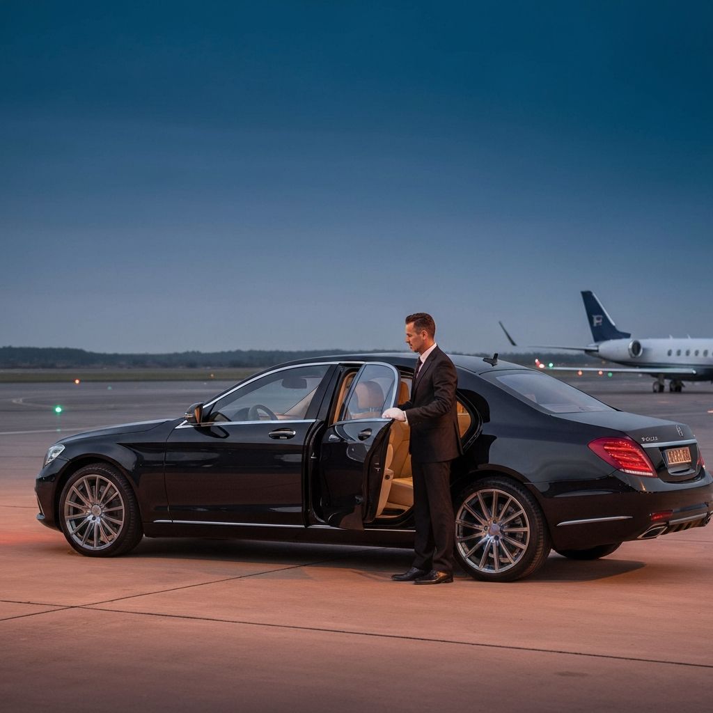 Chauffeur opening the rear door of a black Maybach