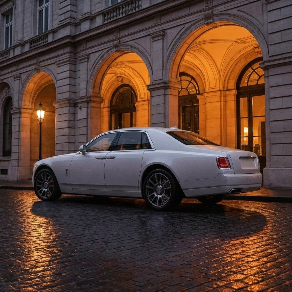 Black Rolls-Royce Phantom at a five-star hotel entrance